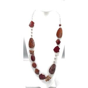 Chico's Rust Brown Agate Slices & Faux Pearls Earth Mother Long Artsy Necklace